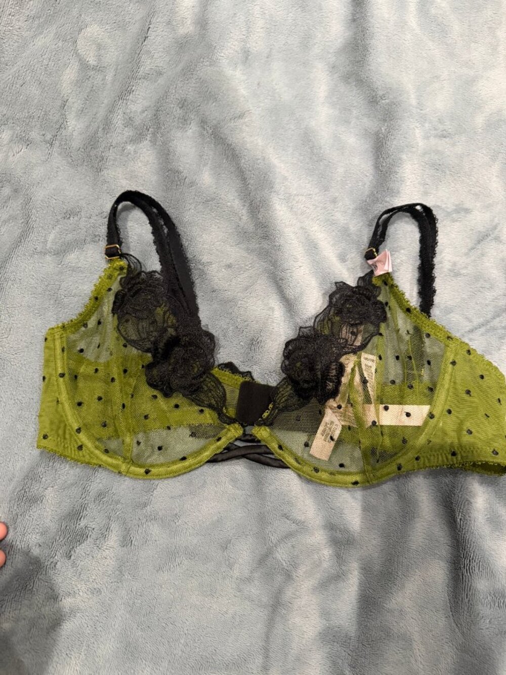 Victoria's Secret Olive Mesh Black Lace Rose Bra 36B NWT